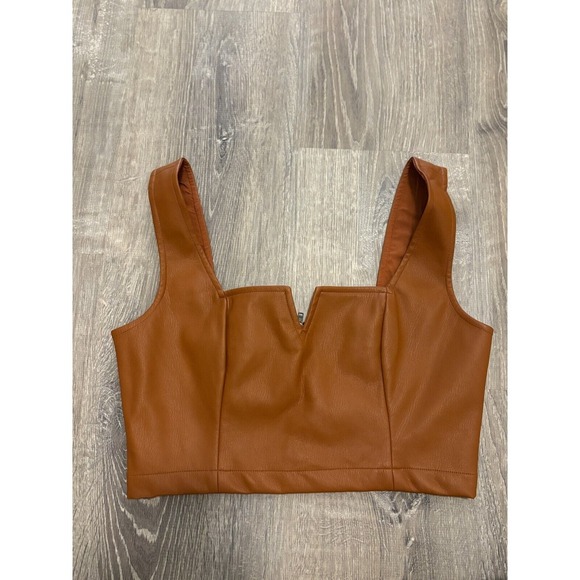Anthropologie Maeve Vegan Leather Notch Tank Crop Top Brown Size 6‎ NWT - Picture 1 of 5